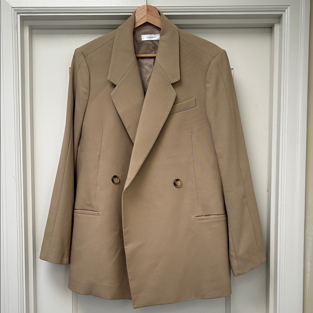 Anine Bing Double-Breasted Blazer in Beige